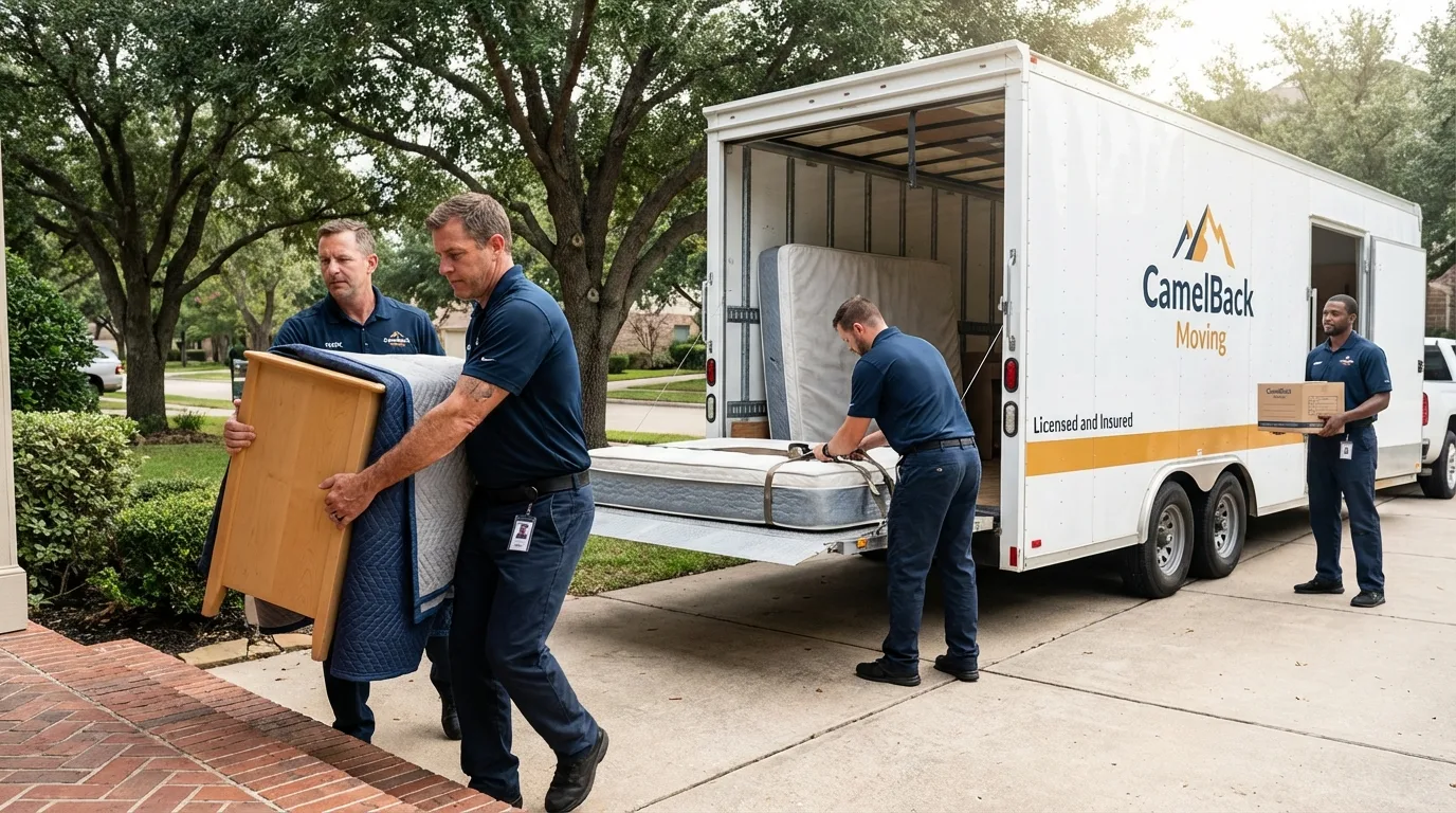 Crew loading residential truck for cross-state move from Fredonia, WI