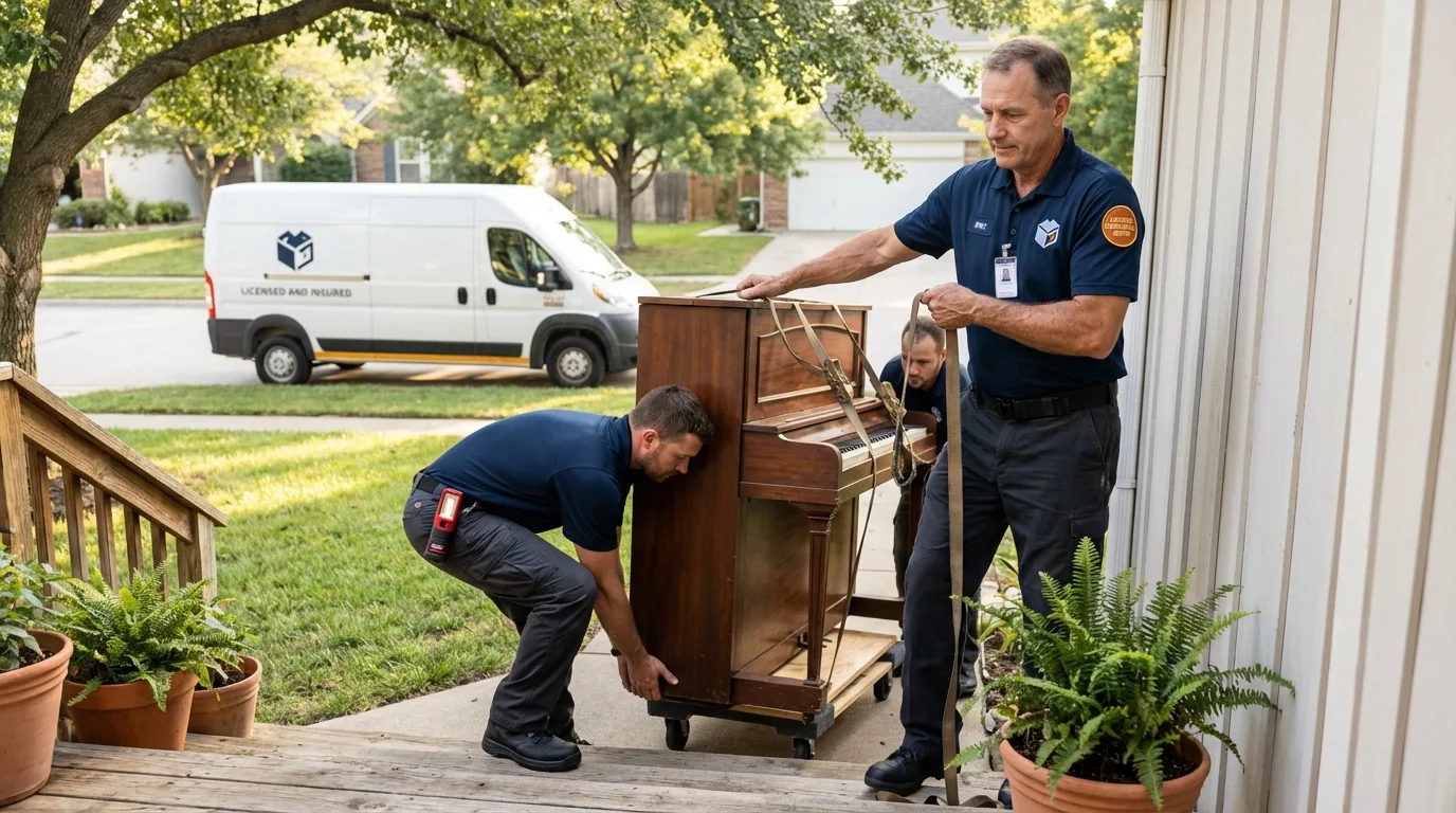 Licensed piano movers securing grand piano in Fredonia, WI