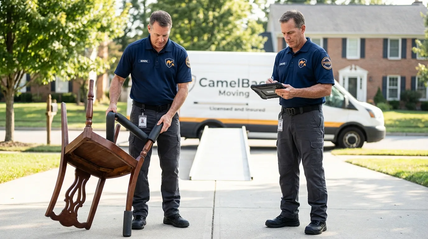 Movers inspecting furniture for damage prevention before loading in Fredonia, WI