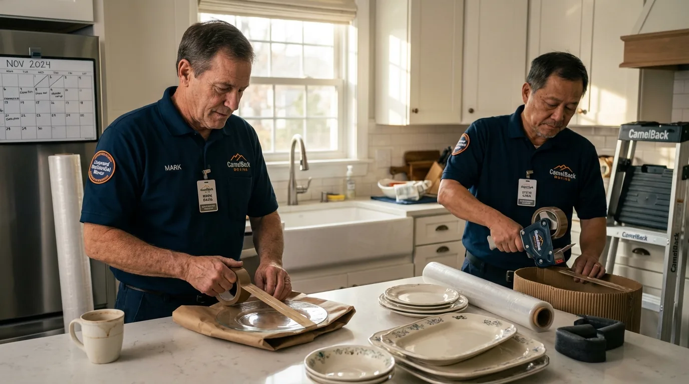 Professional crew packing kitchen dishware in Fredonia, WI